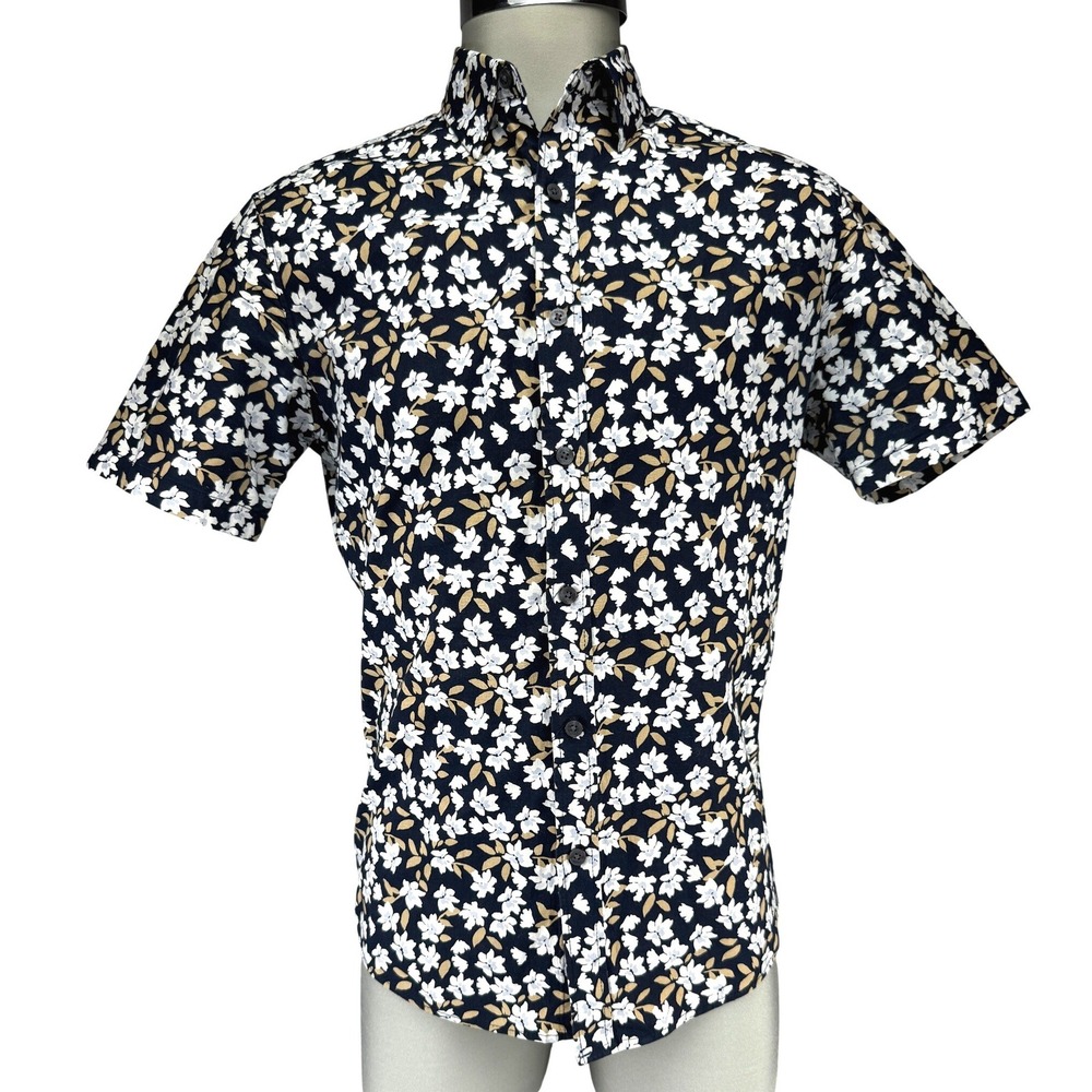 MICHAEL KORS Slim Fit Floral Stretch‎ Cotton Short Sleeve Navy Tan White Shirt S